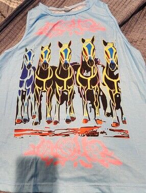 Graphic Tank Top with Colorful Running Horses Size L